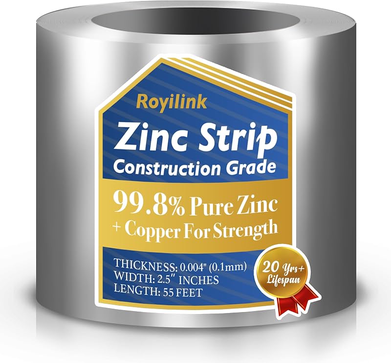 Royilink Zinc Strips 0.2mm Roofing Roll 2.5"x55ft Moss Mildew Prevention Nails
