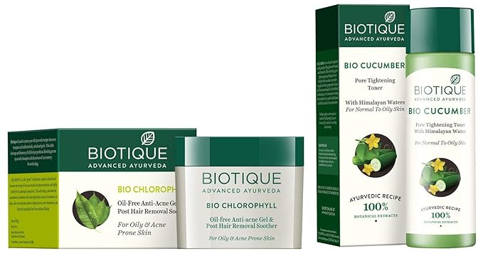 Biotique Bio Chlorophyll Oil Free Anti-Acne Gel & Post Hair Removal Soother For Oily & Acne Prone Sk and Biotique Bio Cucumber Pore Tightening Toner, 120ml