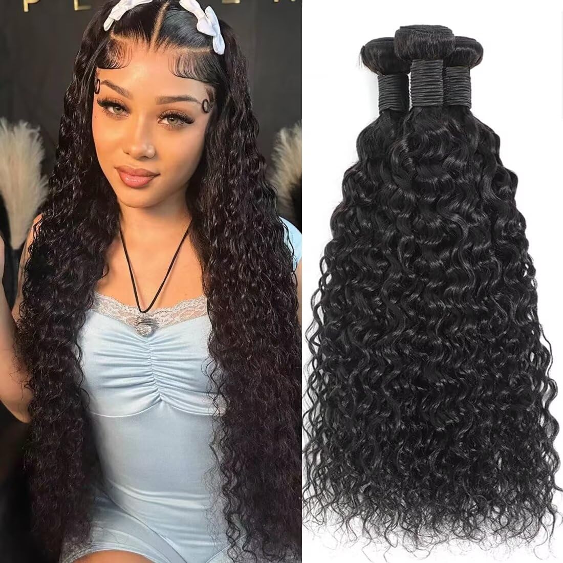 Water Wave Human Hair Bundles 20 22 24 Inch 12A 100% Unprocessed Brazilian Virgin Hair Curly Bundles Human Hair Can be Dyed Wet and Wavy 3 bundles Curly Weave Bundles Natural Black Color — image 1
