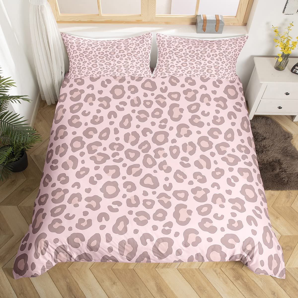 Pink Leopard Skin Duvet Cover Leopard Bedding Set For Kids Boys Girls Africa Cheetah Child Comforter Cover Ultra Soft Safari Animal Fur Bedspread Cover Single Size Zipper