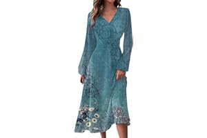 GENERIC Long Sleeve Midi Dress for Women 2024 Spring V Neck High Waisted T Shirt Dress Casual Flowy A Line Swing Formal Party Dresses