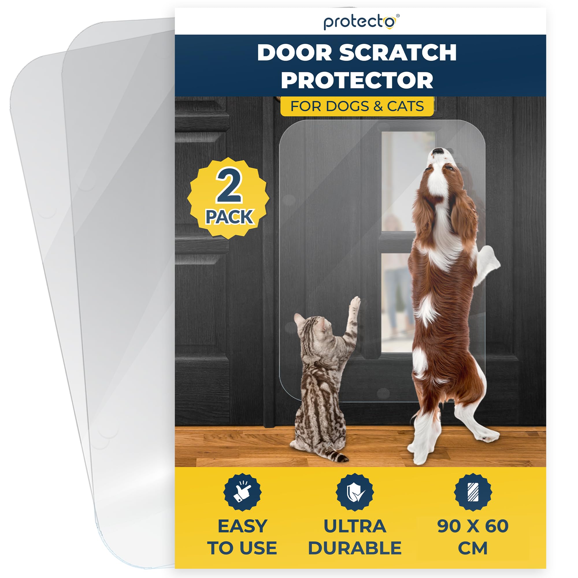 PROTECTO 2-Pack Ultra Durable Door Protector for Dogs – 90x60 cm Clear Cat Scratch Protector | Easy to Install Anti Scratch Door Guard for Dogs and Cats - Protection for Furniture, Walls and Windows