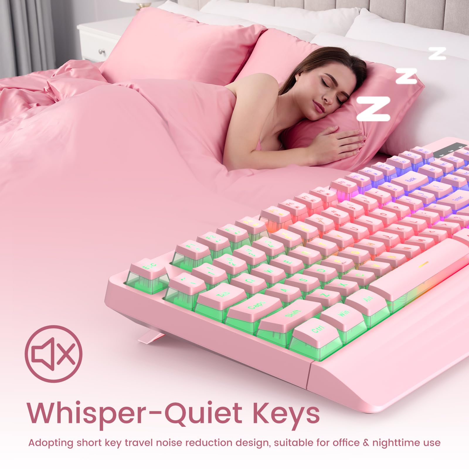 Pink Creamy Keyboard, Rainbow LED Backlit, 104 Keys Silent Light Up Gaming Keyboard with Wrist Rest, PBT Keycap, Anti-ghosting, Waterproof USB Wired Computer Keyboard for PC Mac Xbox