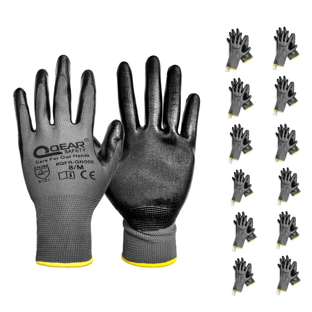 QEARSAFETY 12 Pairs Nitrile Rubber Coated Work Safety Gloves, Multi-Function,Light-Weight,Good Abrasion, Oil/Greasy Resistance palm (8/Medium)
