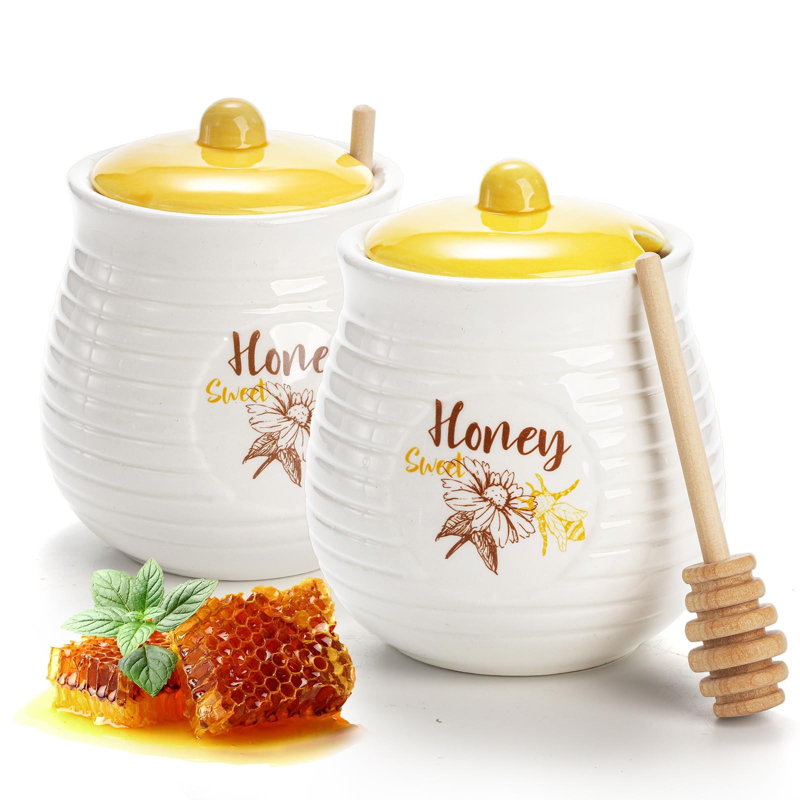 Photo 1 of Coloch 2 Pack Ceramic Honey Jar with Wooden Dipper, 12oz Decorative Honey Pot Dispenser Set for Kitchen, Wedding Favors, Bridal & Baby Shower Gifts
