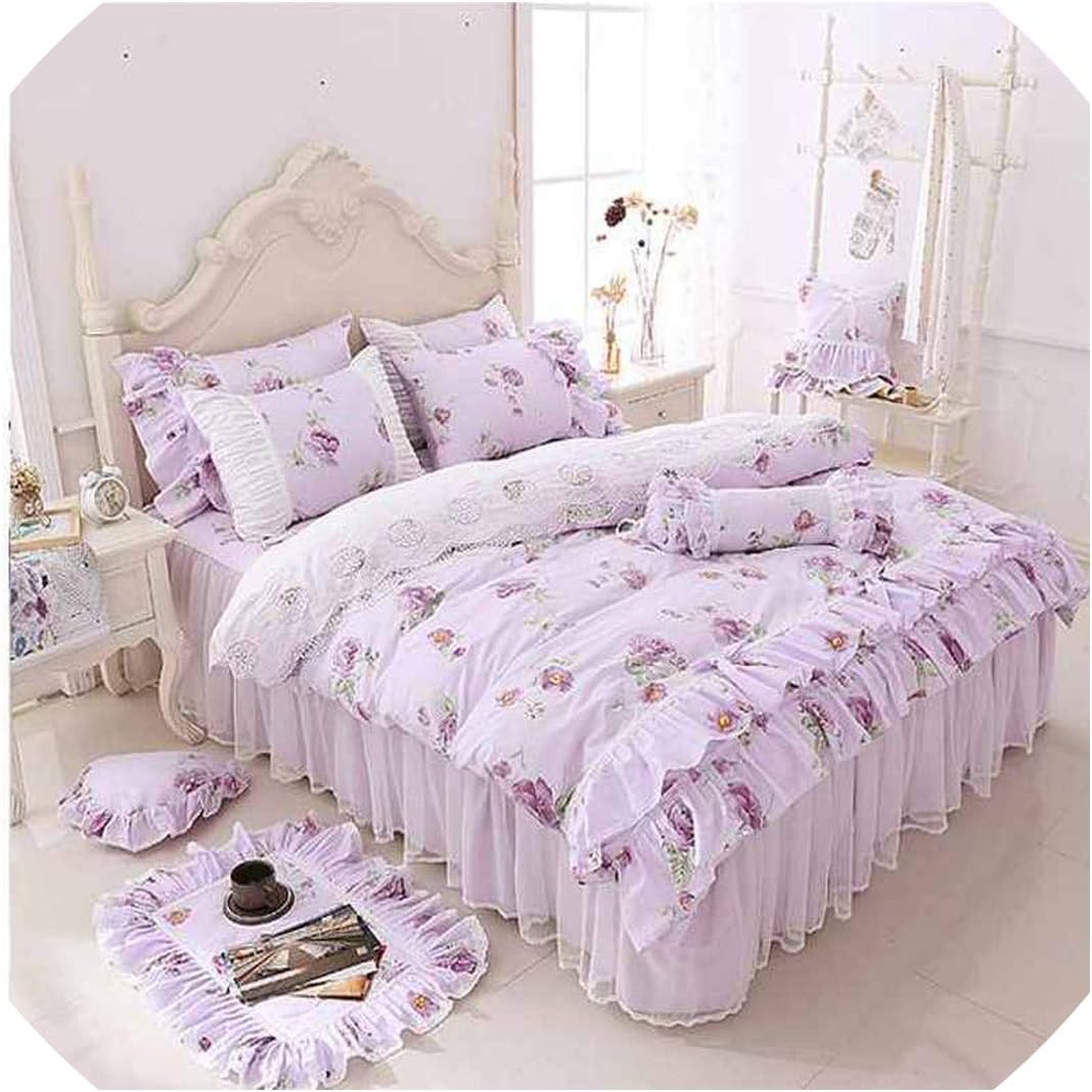 TT Lemon 100% Cotton Floral Printed Princess Bedding Set Twin King Queen Size 4/6Pcs Pink Girls Lace Duvet Cover Set Bedspread Bed Skirt,A,Twin Size 3Pcs
