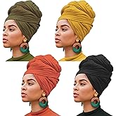 XTREND 4 Pieces Stretch Jersey Head Wrap Knit Turban Urban Hairband Scarf Fashion Headband Solid Color Breathable Ultra Soft Extra Long Head Band Tie for Women (Black, Army Green, Turmeric, Orange)