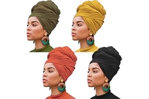 XTREND 4 Pieces Stretch Jersey Head Wrap Knit Turban Urban Hairband Scarf Fashion Headband Solid Color Breathable Ultra Soft Extra Long Head Band Tie for Women (Black, Army Green, Turmeric, Orange)