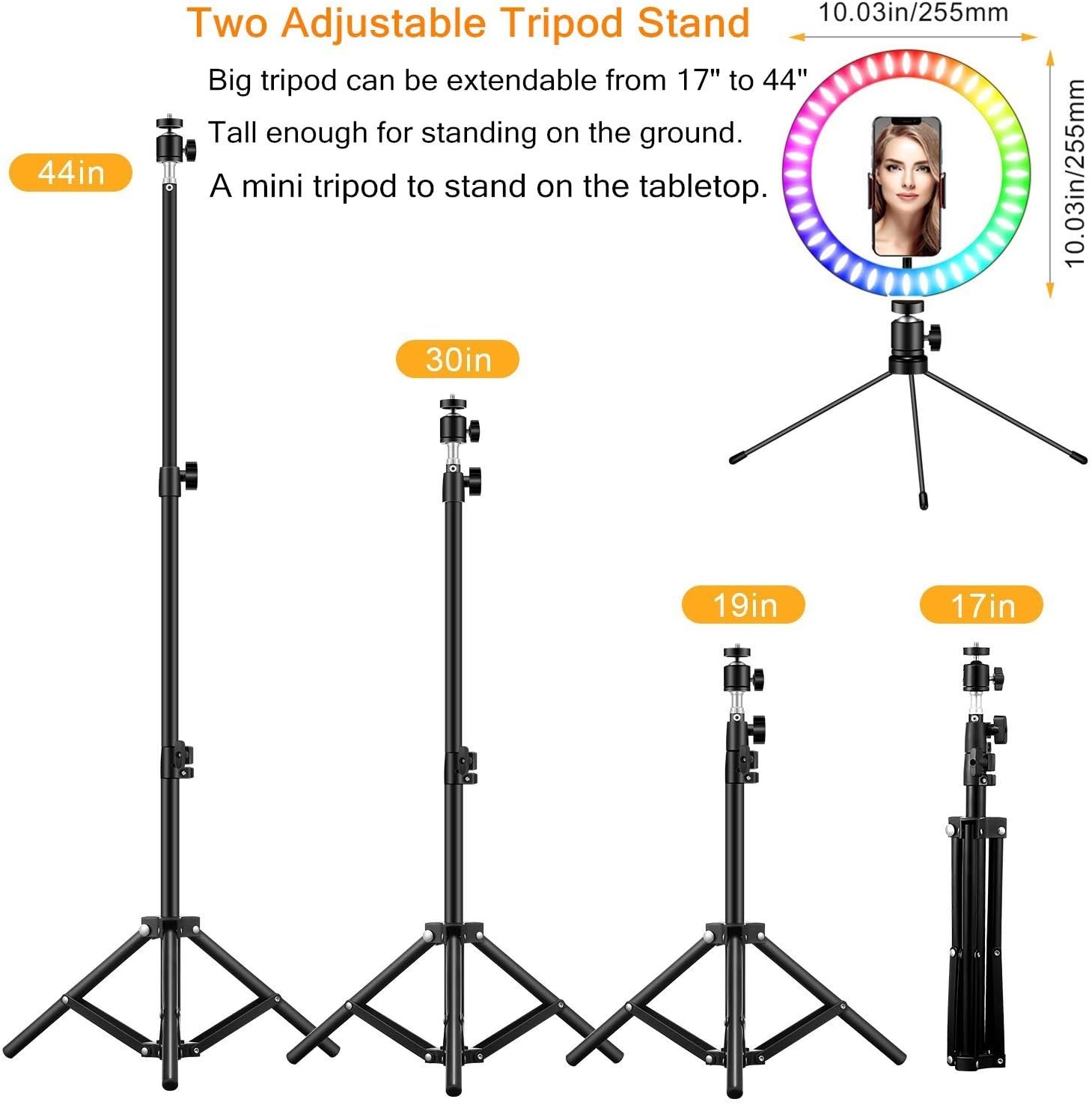 10" Ring Light with Stand, Fauna 10 Colors RGB LED Ring Light with Two Tripod Stand and Phone Holder & 10 Brightness Level & Camera Remote Shutter for Makeup, YouTube, Video, Photography : Camera & Photo