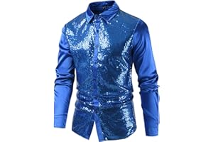 GENMEN Mens Metallic Dress Shirt Long Sleeve 70s Disco Rave Outfits Shiny Sequins Nightclub Costume Button up Shirt