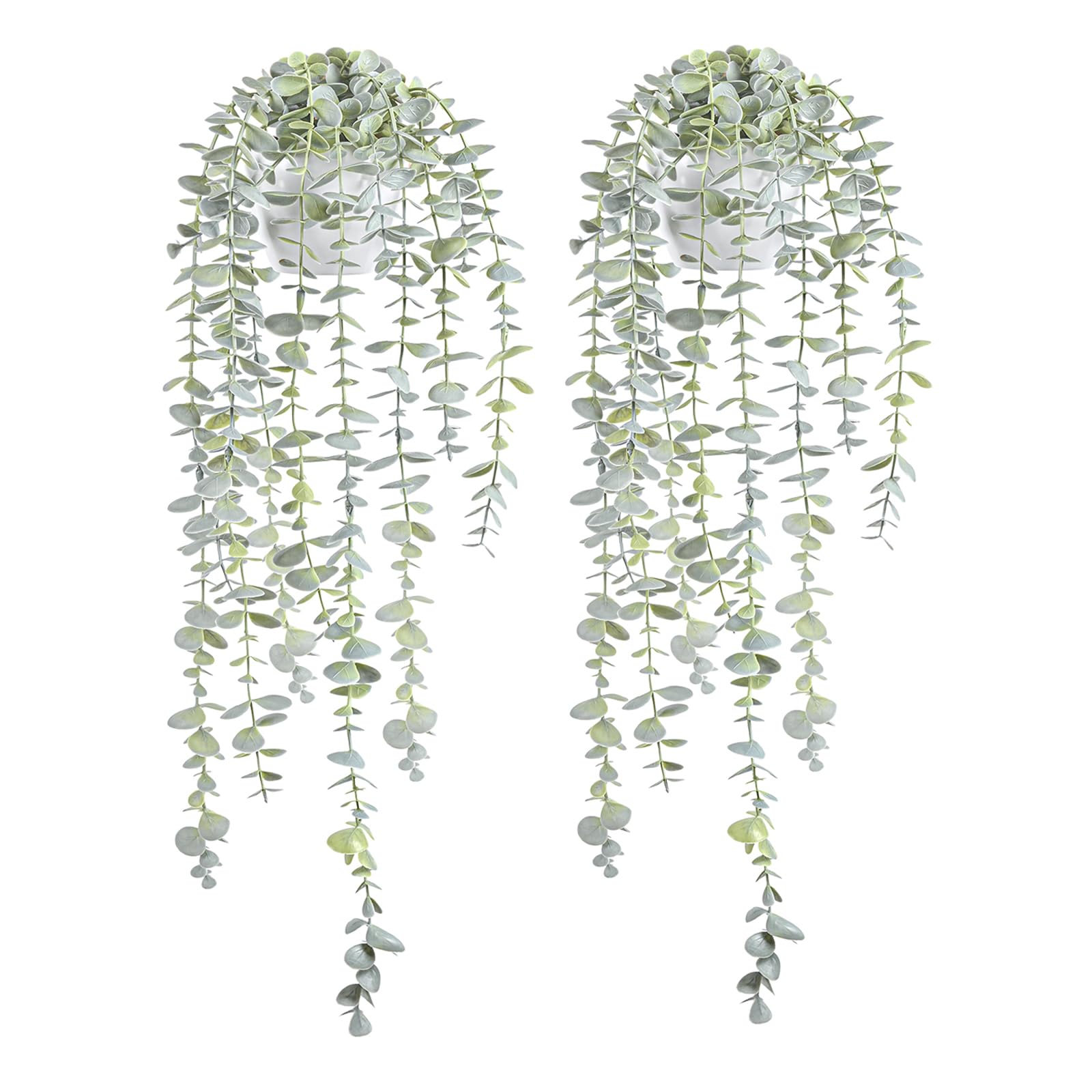 BACAMA Decorative Hanging Plants for Shelf, Faux Ivy Eucalyptus Vine, Fake Greenery in White Pot (Light Green, 2PCS)