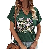 PUCKOLITY Vintage Flowers V Neck Shirt for Women Boho Floral Wildflowers Graphic Tee Casual Cottagecore Summer T Shirt