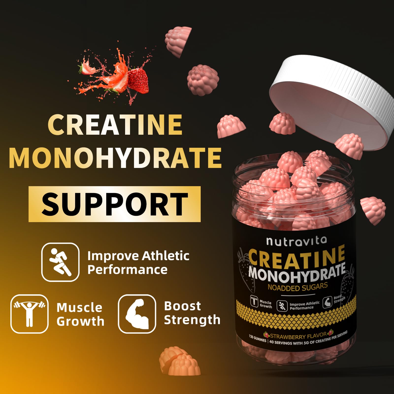 Nutravita Creatine Monohydrate Gummies for Men & Women-5g of Creatine Monohydrate per Serving - Sugar Free,Vegan, Strawberry Flavor, 120 Count