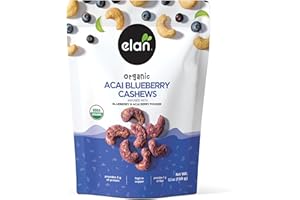 Elan Organic Acai Blueberry Cashews, 5.3 oz, Non-GMO, Vegan, Gluten-Free, Kosher, Glazed Nuts (Roasted Cashews, Acai Berry Powder, Blueberry Juice Powder), Superfood Infused Nuts