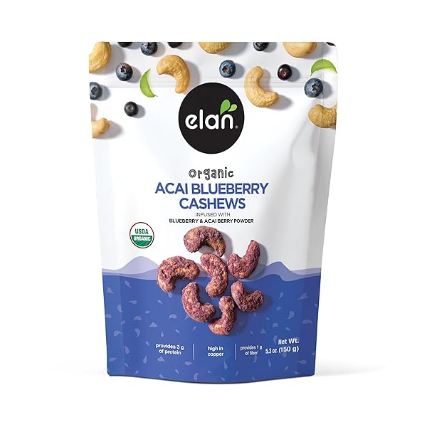 ELAN ORGANIC ACAI BLUEBERRY CASHEWS, 5.3 OZ, NON-GMO, VEGAN, GLUTEN-FREE, KOSHER, GLAZED NUTS (ROASTED CASHEWS, ACAI BERRY POWDER, BLUEBERRY JUICE POWDER), SUPERFOOD INFUSED NUTS
