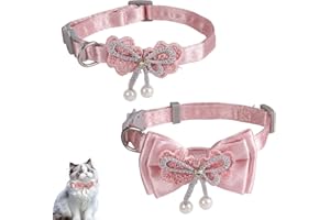 2pcs Adorable Cat Collar with Bow, Adjustable Breakaway Pink Collar for Girl Cat with Pearl Pendant Detachable Kitten Bowtie 
