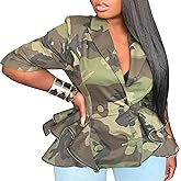 Women's Camouflage Casual Camo Cropped Jacket Long Sleeve Lapel Blazer Jackets Army Fatigue Double Breasted Ruffle Coat