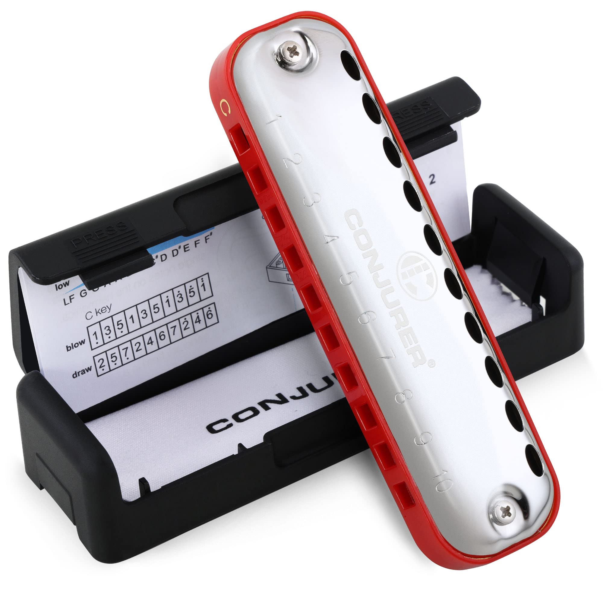 Conjurer Blues Harmonica C Key, Mouth Organ for Adults, Blues Harp 10-Holes 20 Tones Diatonic Harmonica key of C, Red