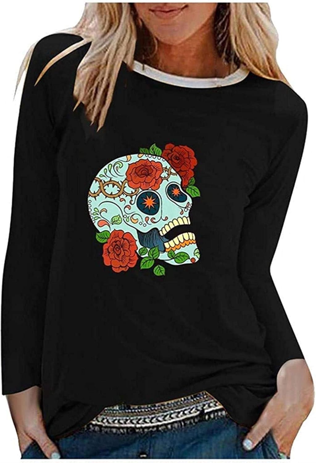 XDBJBJNSTDK Sugar Skull Shirts for Women Funny Vintage Long Sleeve