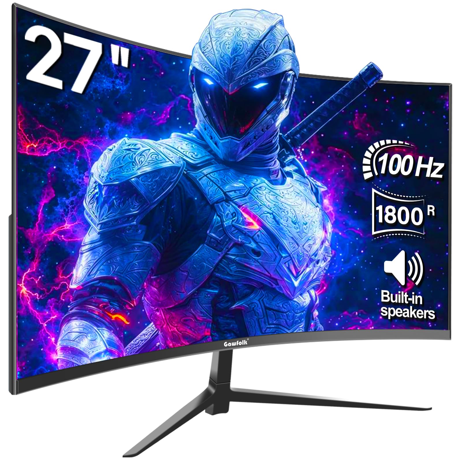 Gawfolk Curved Monitor 27 Zoll 100Hz, PC Bildschirm mit Lautsprecher 1080P, 1800R 75Hz Computerbildschirm mit Eye Care Technologie HDMI DP, unterstützt VESA