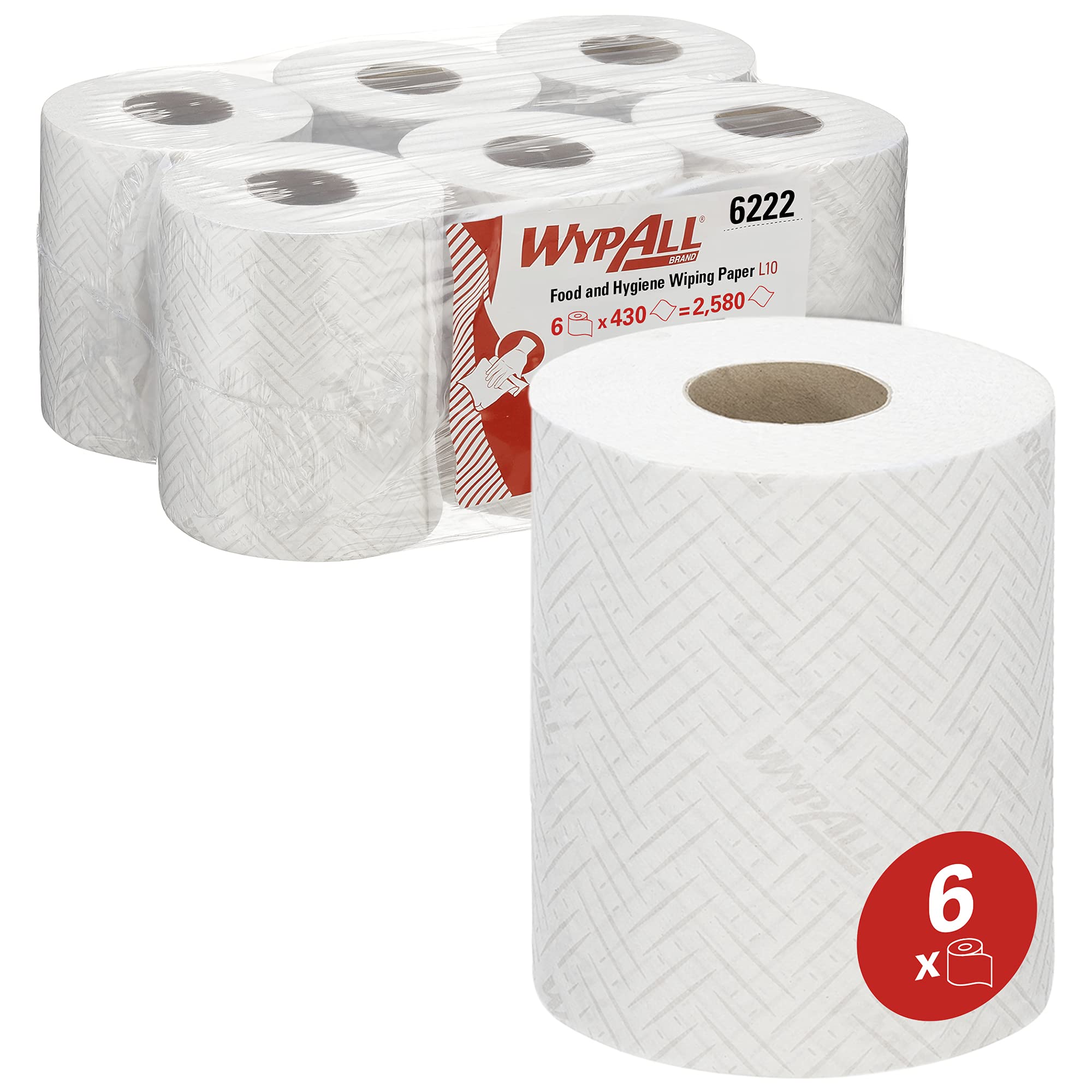 WypAll Wiping Paper 6222, L10 White Food & Hygiene Centrefeed Wipes, 1-Ply Embossed for Strength, Dry Cleaning for Kitchen & Surfaces, 6 Rolls x 430 Sheets (2,580 Total)