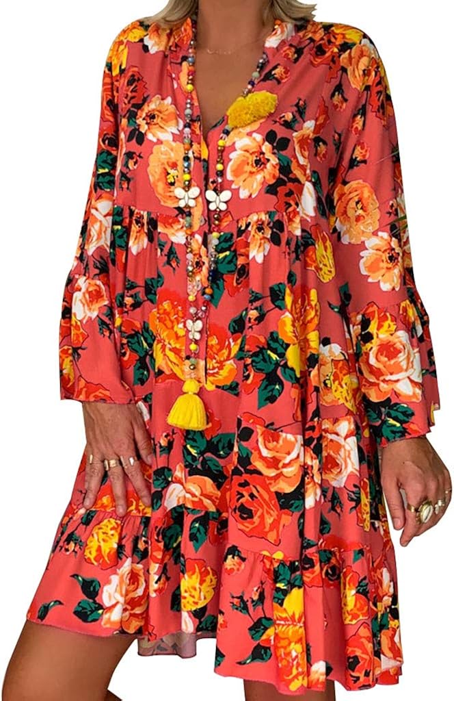 aihihe Womens Sexy T Shirt Dresses V Neck Button Down Casual Loose Long Sleeve Blouse Tops Casual Dresses