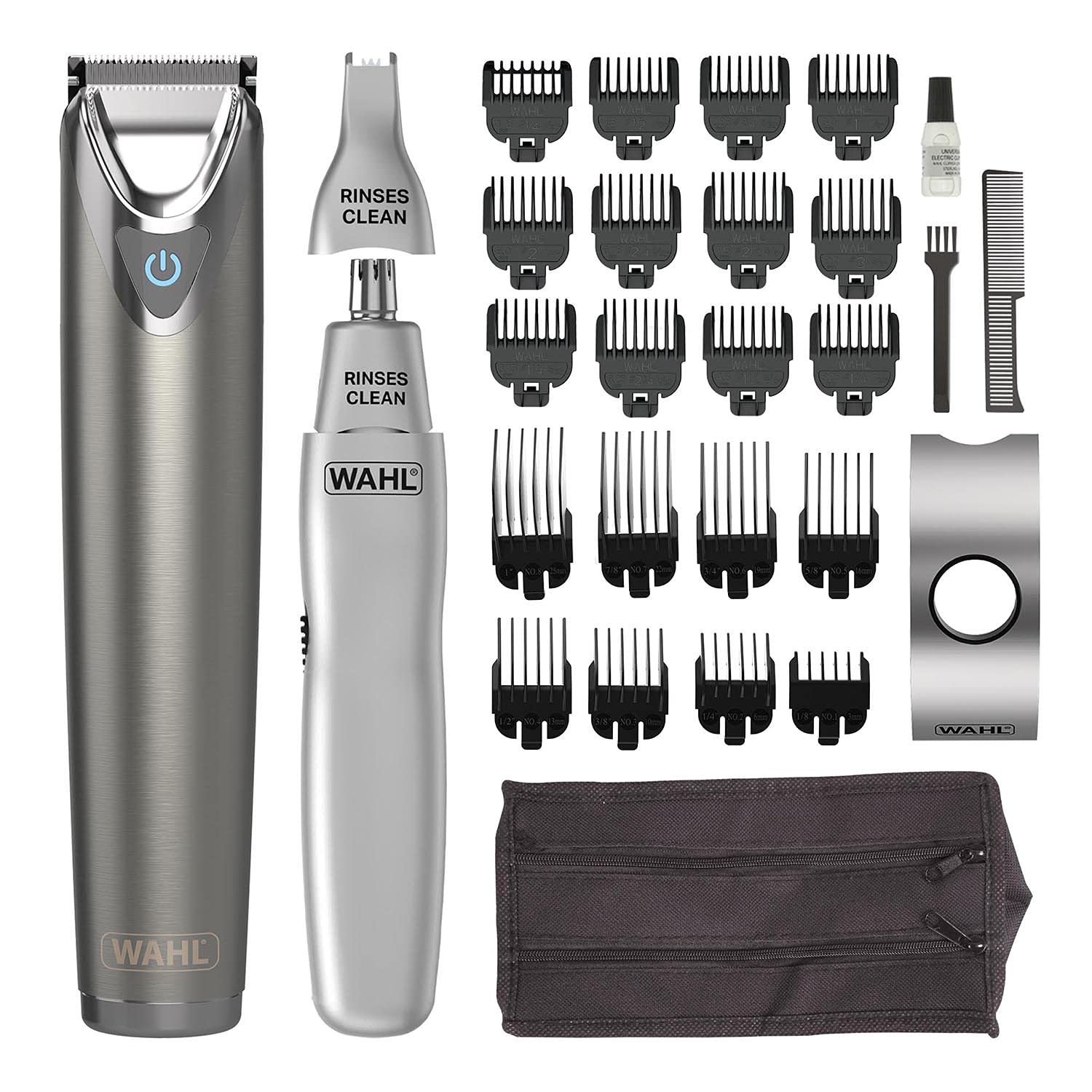 WAHL Stainless Steel Trimmer with Dual Head Ear and Nose Trimmer, 240 Minutes Cordless Run Time, Rinseable Features Hygienic Blades, Advanced Lithium Ion Technology
