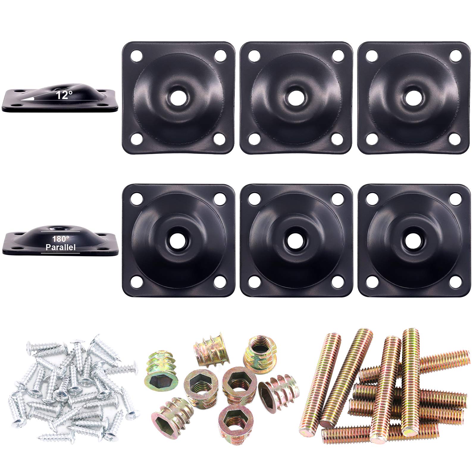 Glarks 8 Sets Black Flat Furniture Leg Mounting Plates Set, 4Pcs Flat and 4Pcs 12 Degree Leg Attachment Plates with 40pcs 5/16" Hanger Bolts Screws for Furniture Sofa Couches Seats