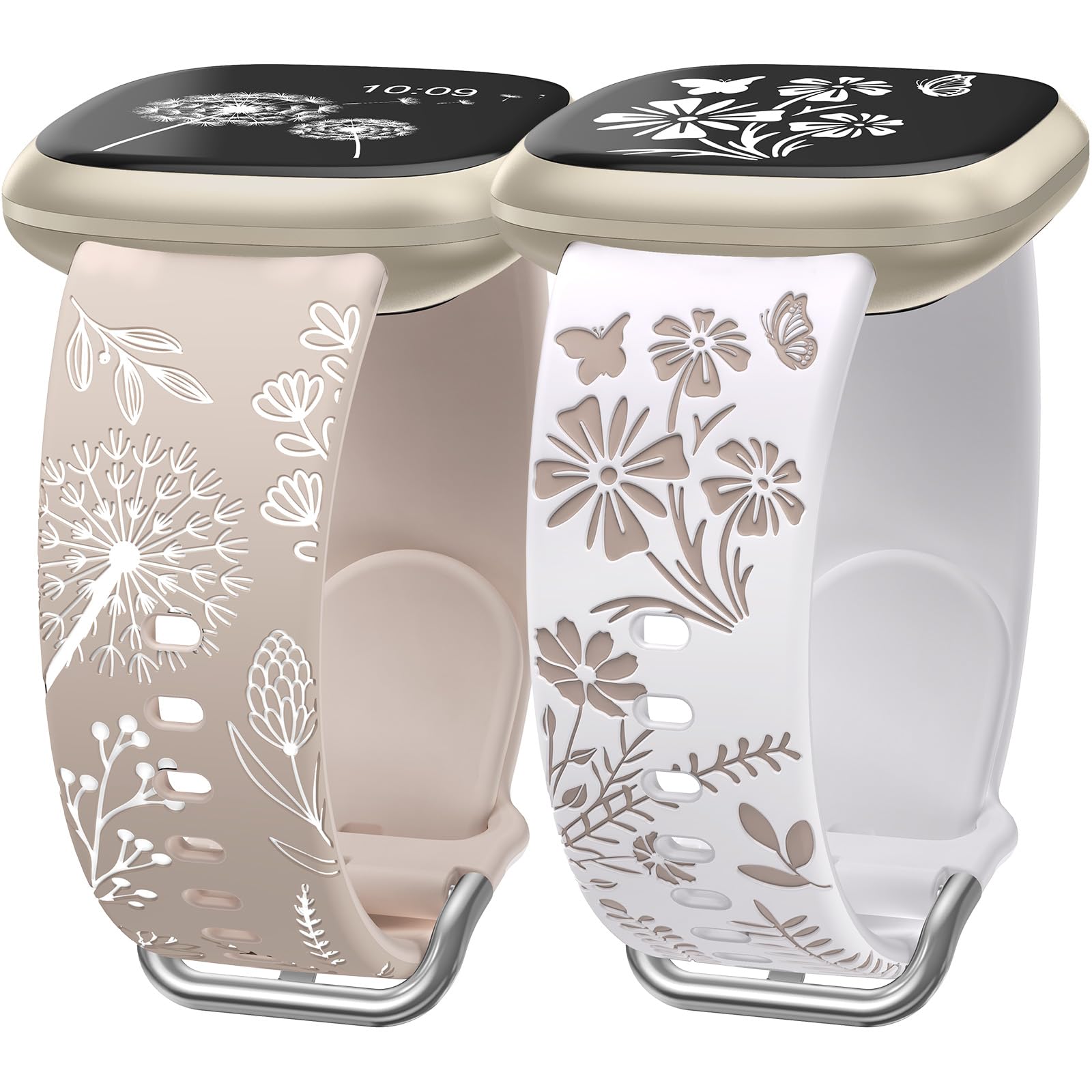 Wearlizer 2 Pack Floral Engraved Strap Compatible with Fitbit Versa 3 Straps/Versa 4 Straps/Sense 2/Sense Bands Women, Cute Two-Tone Flower Soft Silicone Sport Bracelet Starlight/White White/Milk Tea