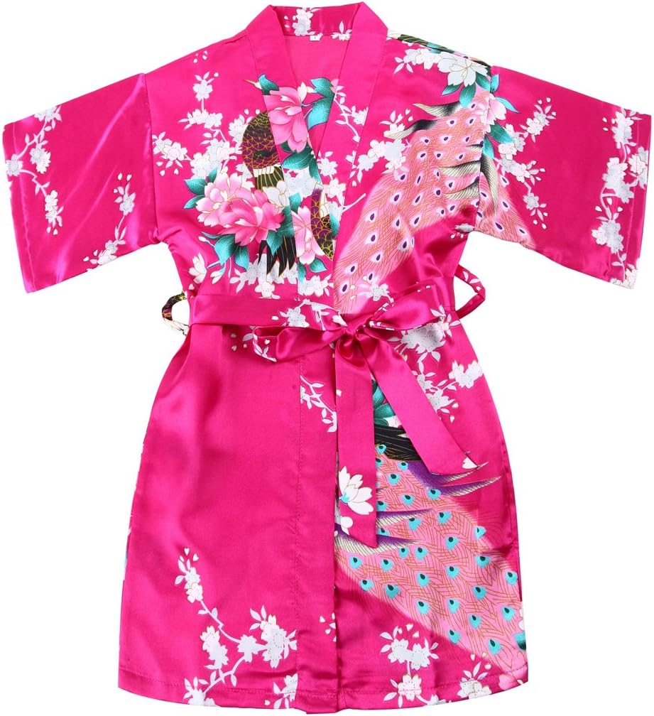 Girls' Satin Kimono Robe - Peacock and Blossoms Bathrobes Dressing Gown for Spa Wedding Birthday