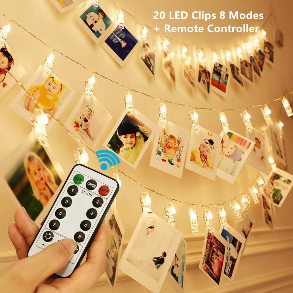 20 LED Photo Clip String Lights, KingYue 8 Modes Fairy String Lights with Remote & Timer Function, Home/Party/Christmas Decor Lights for Hanging Photos Pictures, Cards, Memos and Artwork, Warm White