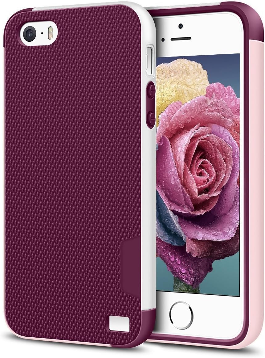 iPhone 5/5S SE Case, EXSEK Hybrid Impact Ultra Slim 3 Color Shockproof Case [Anti-Slip] [Extra Front Raised Lip] Scratch Resistant Soft Gel Bumper Rugged Case for iPhone 5/5S (Wine Red)