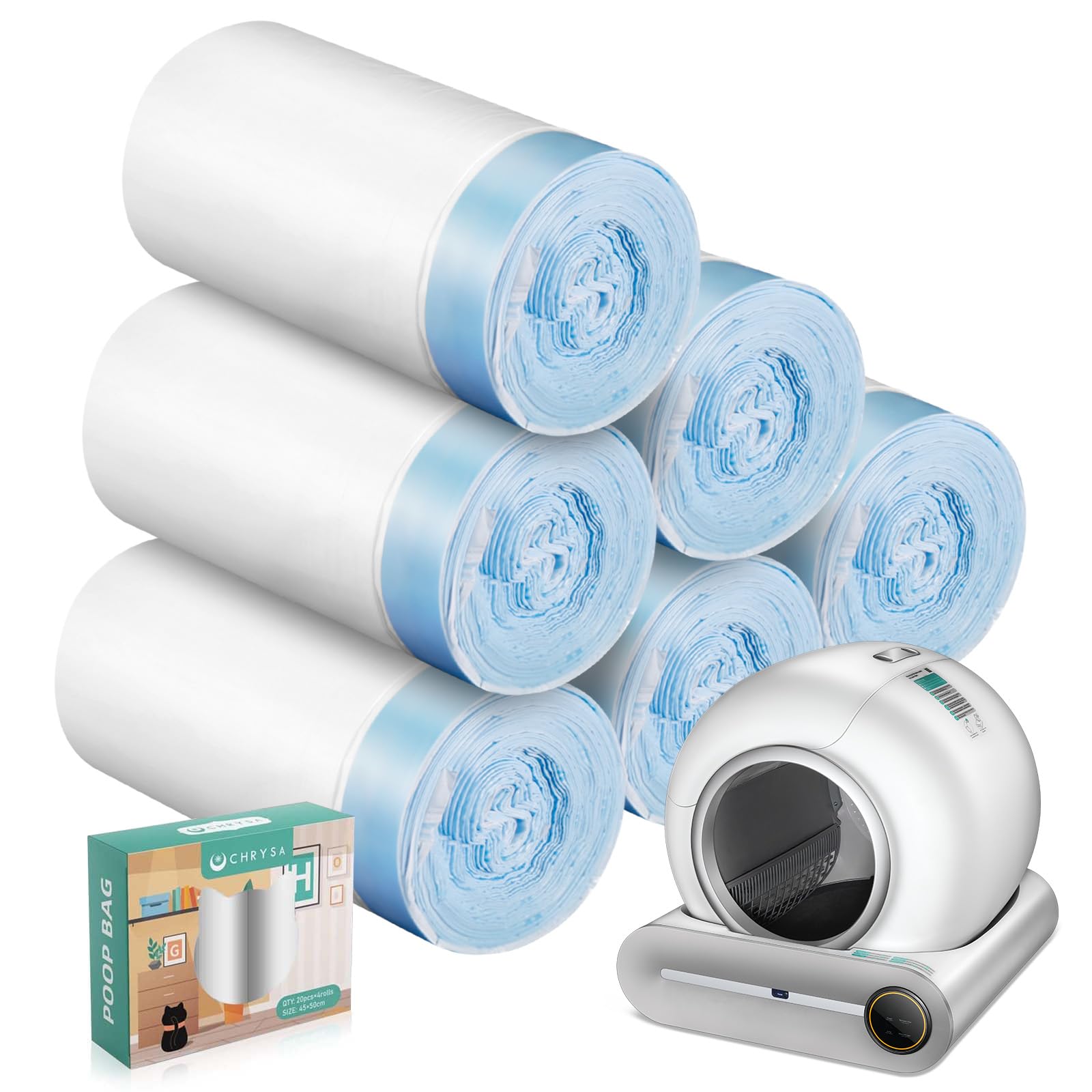 Photo 1 of 80 Count Waste Bags for Self-Cleaning Cat Litter Box, Replacement Extra Large Cat Litter Box Liners, 4 Rolls Drawstring Trash Bags for Robot, 20 x 18 Inches?4 Packs/80 Counts?