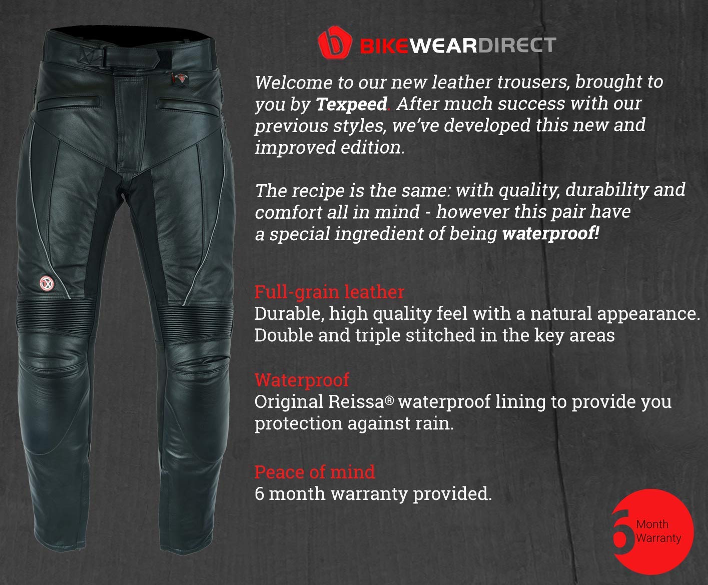 Trousers All Black Waterproof Armoured Leather Motorbike Motorcycle