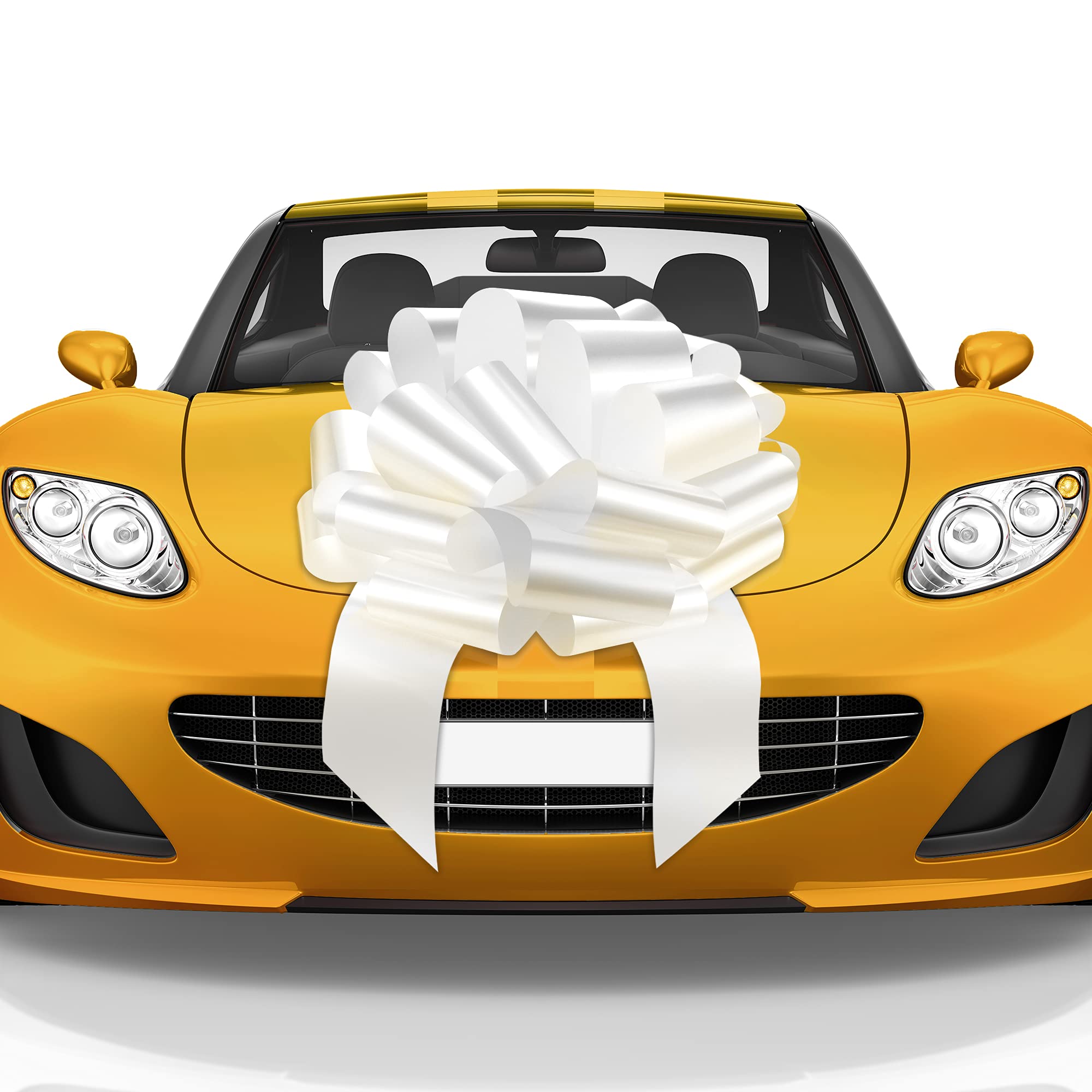 Mata1 - Huge Car Bow - Glossy White, 18 inch / 46 cm - Big Gift Wrapping Bow for Large Gift Decoration, Giant Indoor/Outdoor Bow with 2 Ribbon Tails and 4 Stickers (No Magnets that Scratch)