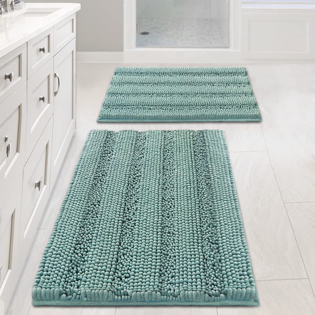 Photo 1 of H.VERSAILTEX Bathroom Rugs Non Slip Thick Shaggy Chenille Bathroom Rug Mat Set Extra Soft and Absorbent Striped Floor Rugs, 2 Piece, Machine-Washable, Eggshell Blue