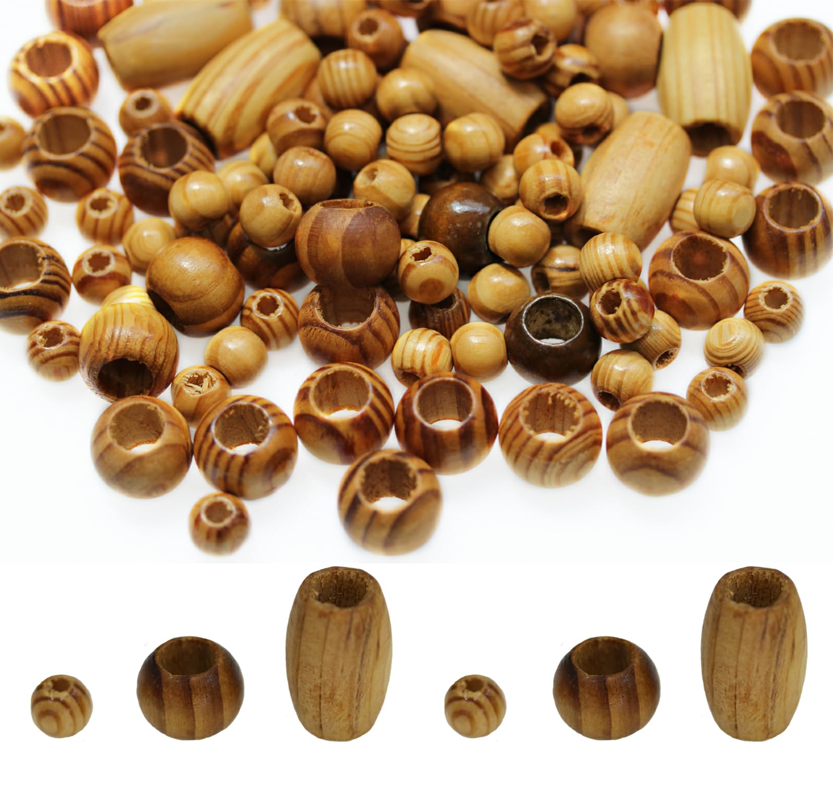 BetterJonny 180pcs Mixed Sizes Pine Wood Beads - Natural Spacer Loose Beads with Large Hole for Craft Making, 3 Sizes