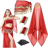 GANZHOUYILAN 4 Pcs Belly Dance Hip Scarf Sets, Belly Dance Skirt & Head Scarf with Coins, 2 Coin Wrist Bracelet 50 Bobby Pins