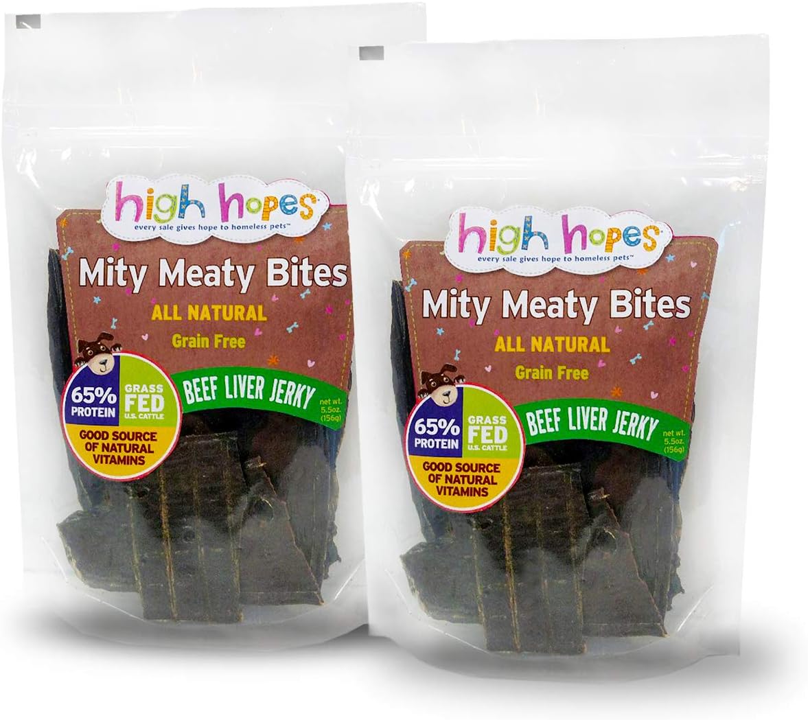 High Hopes (Every Sale Gives Hope to Homeless Pets Grass Fed Beef Liver Jerky, 5.5 Ounce Bags (Pack of 2), All Natural Chewy Dog Treats, Dog Jerky Treats, Grain Free, Dog Training Treats, Meaty Bites