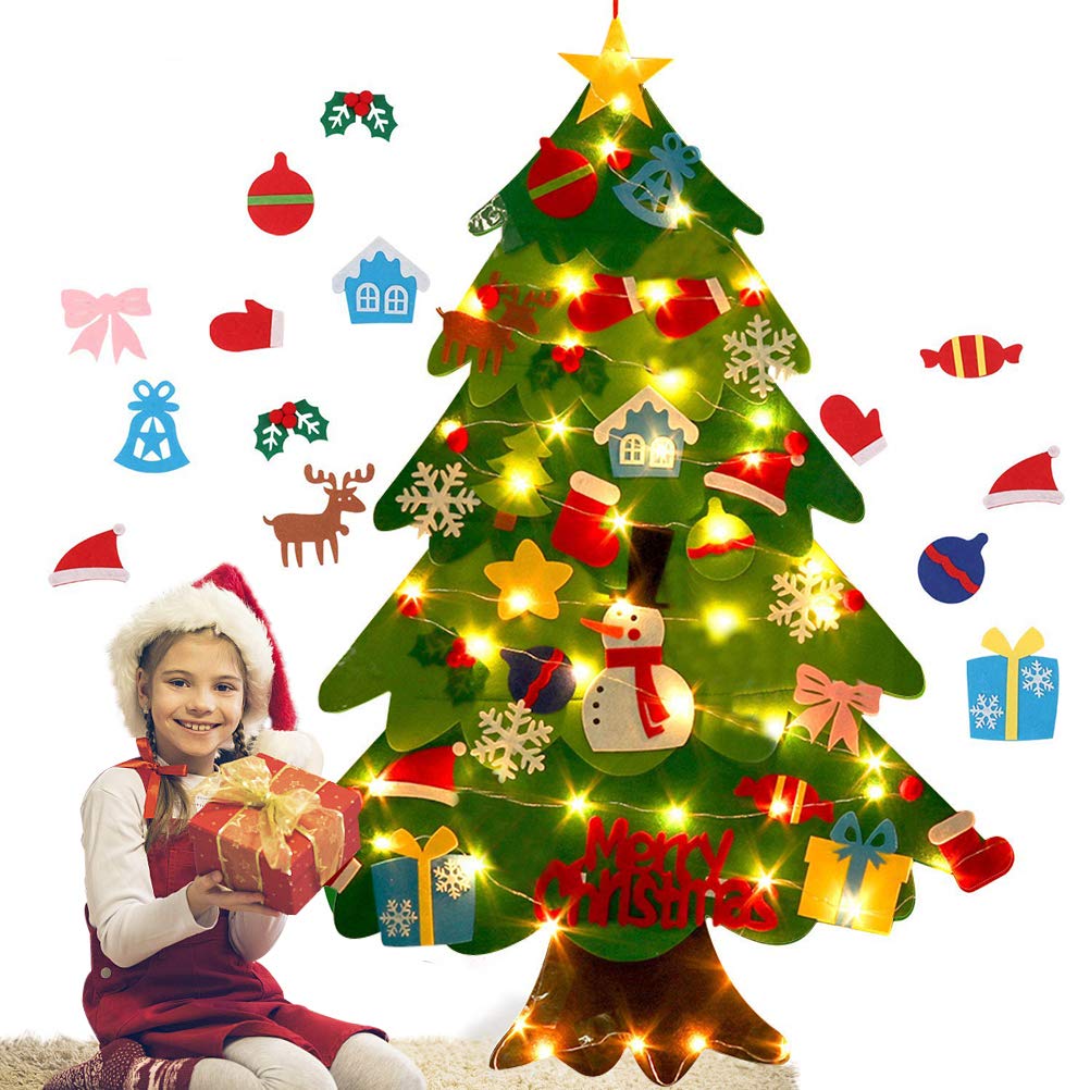DIY Felt Christmas Tree, Felt Decorations Tree Set with 31pcs Ornaments Flat Christmas Tree with LED lights Xmas Gifts for Kids New Year Door Wall Window Hanging Decorations