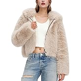 Flygo Womens Faux Fur Coat Cropped Fluffy Hooded Winter Jackets Zip Up Open Front Fuzzy Short Shaggy Warm Coats with Pockets