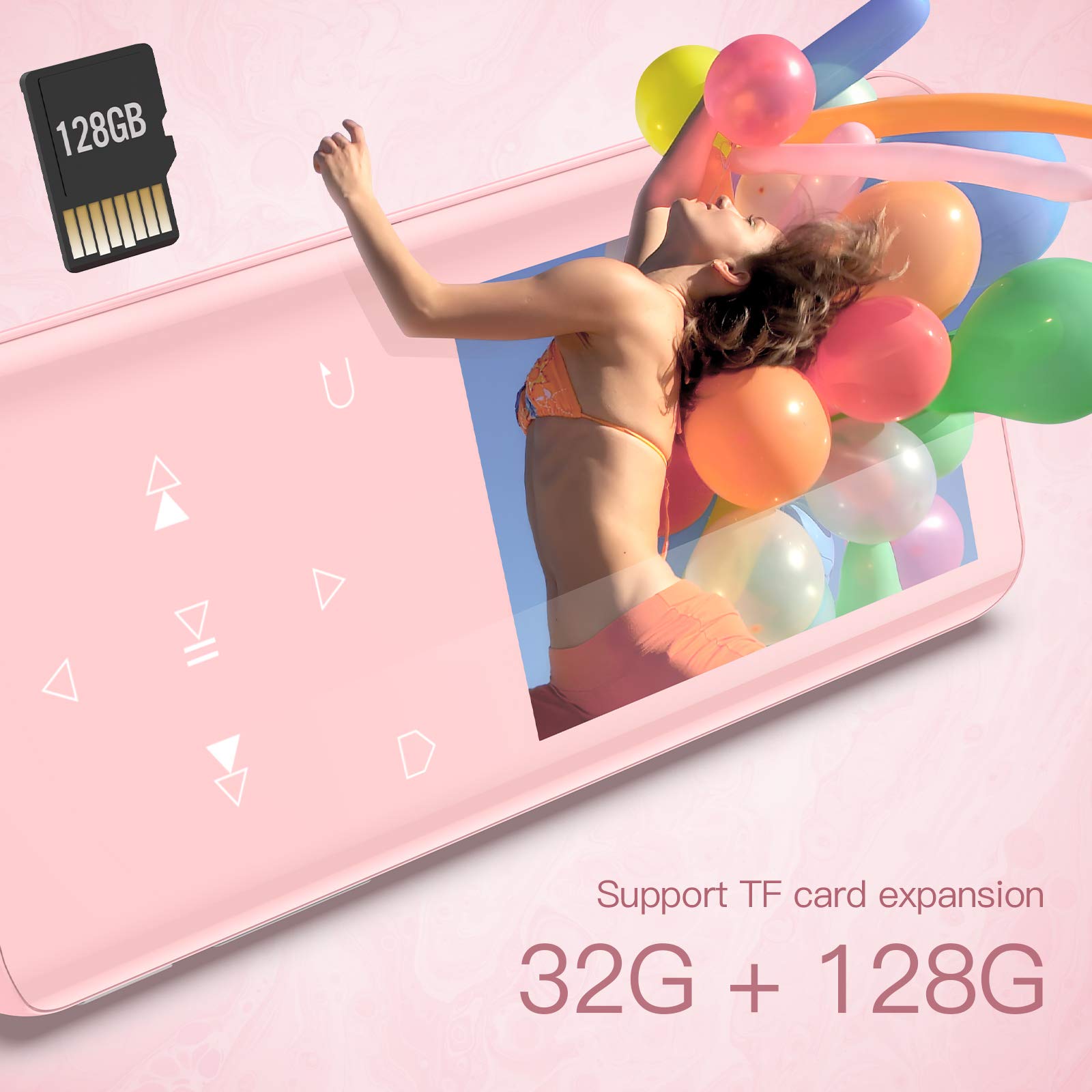 AGPTEK 128GB MP3 Player with Bluetooth, K3 2.4 inch Music Player with Speaker and FM Radio, One-Click Recording, Supports Up to 256GB(Pink)