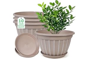 FGstyle 10 Inch Plants Pot,4 Pack Flower Pots,Planters Pot with Drainage Hole & Saucer,Modern Planters for Indoor Outdoor Plants,Decorative Resin Garden Pots for Outdoor Indoor Home Plants (Beige)
