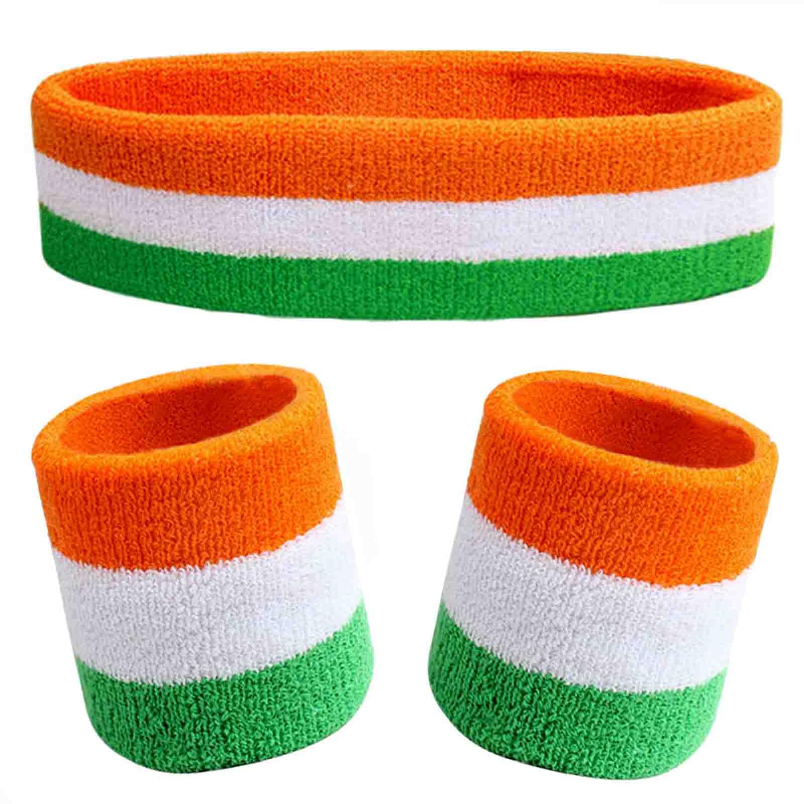 Kids Sweatbands Headband Wristband Set - Athletic Cotton Sweat Band for Sports - Ultimate Sweat-Absorbing 3-piece Set (1 Headband + 2 Wristbands) (Green+White+Orange)