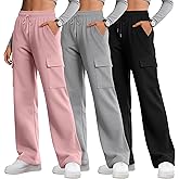 Velvelhall 3 Pack Women's Cargo Sweatpants Wide Leg Baggy Casual Athletic Pants Drawstring Lounge Joggers with 4 Pockets