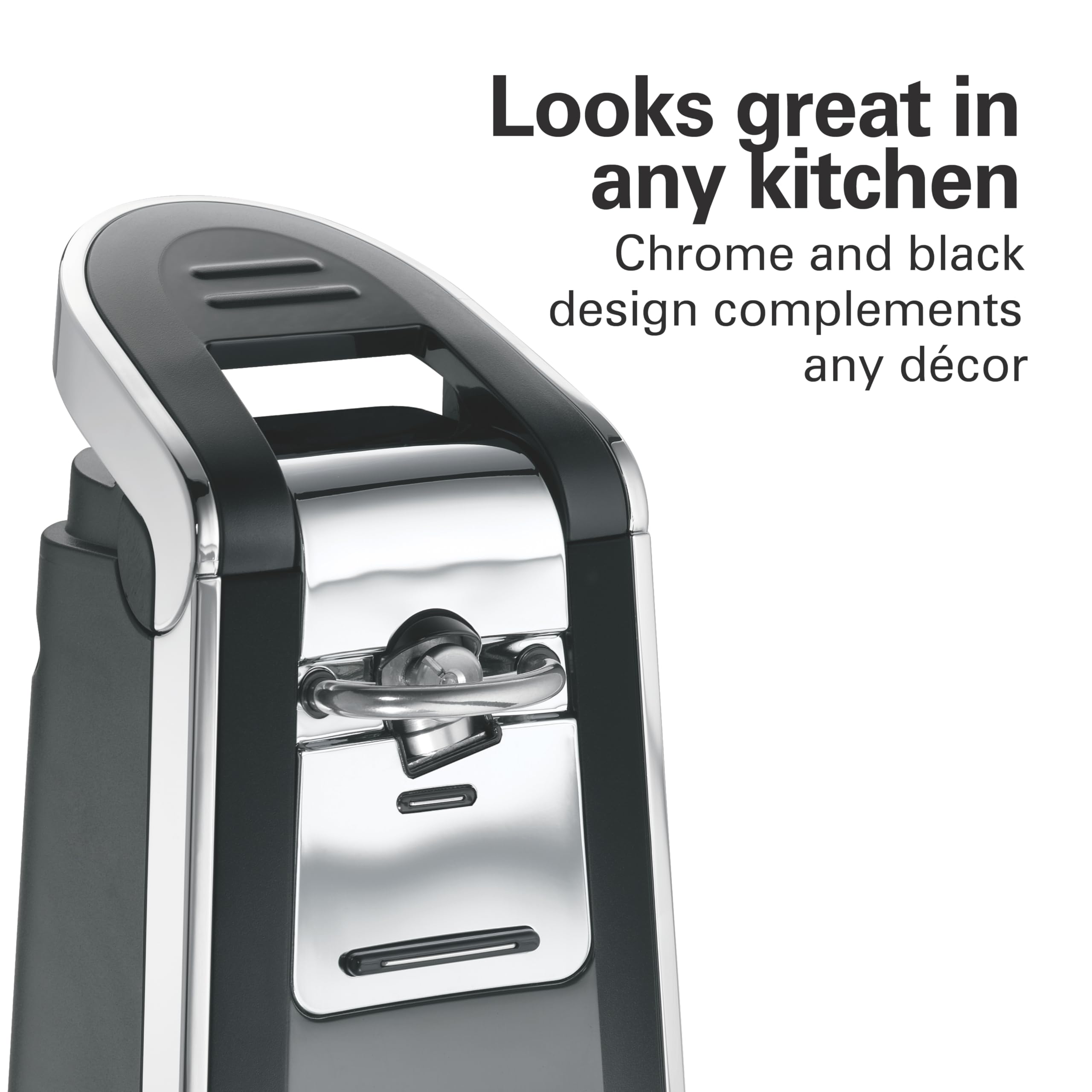 Hamilton Beach Smooth Touch Electric Automatic Can Opener with Easy Push Down Lever, Eliminates Sharp Edges, Opens All Standard-Size and Pop-Top Cans, Extra Tall, Black and Chrome (76606AG)