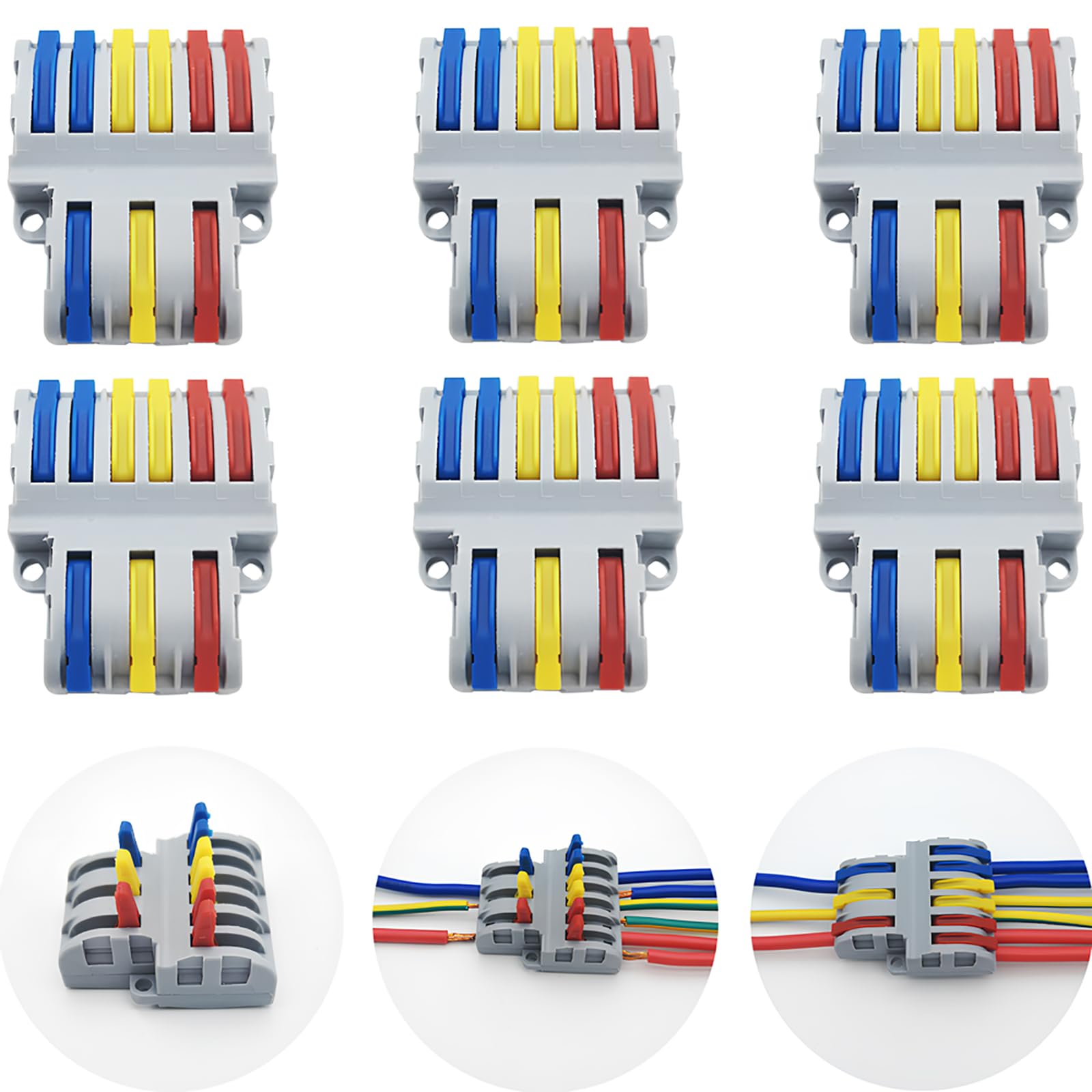Compact Wire Connectors, CESFONJER SPL-63 6 pcs Quick Connection Terminal, Lever Nut Assortment Conductor, Electrical Connectors Blocks (3 in 6 out)