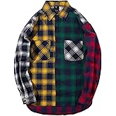 LifeHe Men's Women Plaid Flannel Shirts Colour Block Long Sleeve Button Up Shirt Jackets Oversized