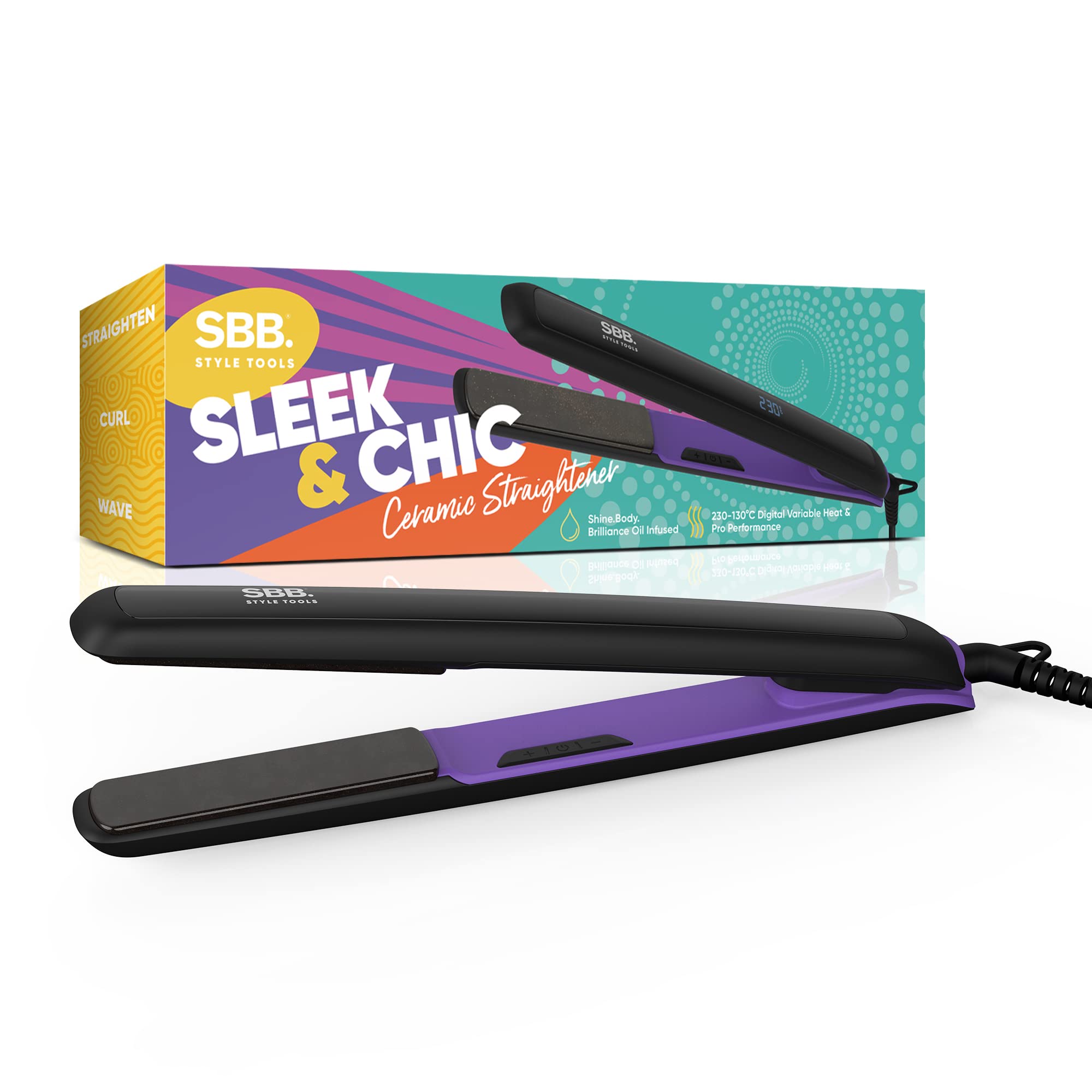 SBB Sleek & Chic Pro Digital Ceramic Hair Straighteners - Ceramic Plates for Styling, Straightening, Curling - Ultra Fast Heat, Variable Settings, Auto Shut Off, Infused with Macadamia & Argan Oil