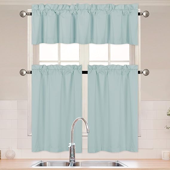 Home Collection 3 Pieces Solid Light Blue Kitchen Curtain